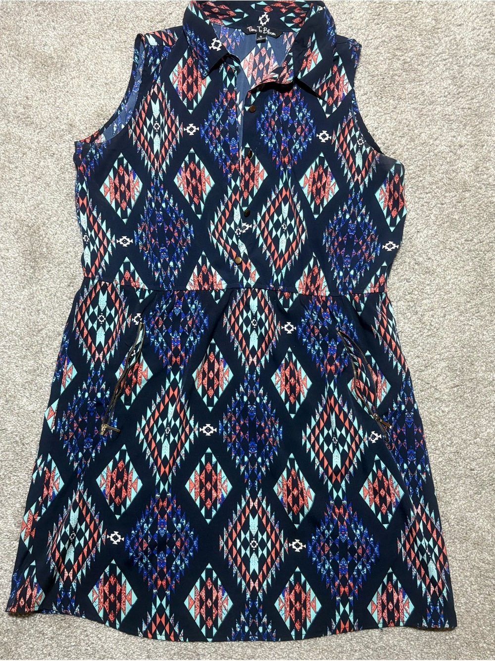 Sleeveless Collared Navy Diamond-Print Dress with Elastic Waist
